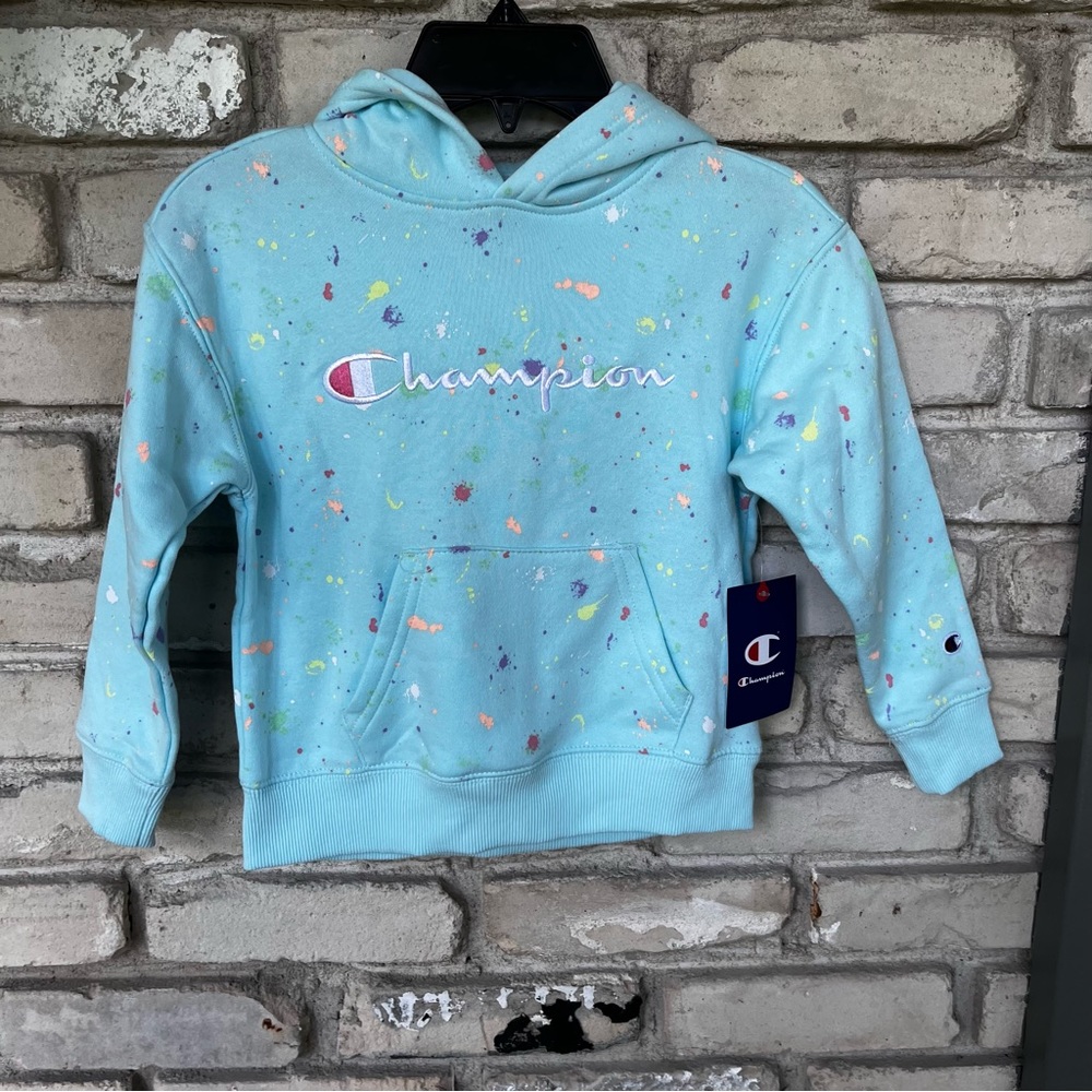 Champion Blue Mist paint splatter kids sweatshirt with hood NWT